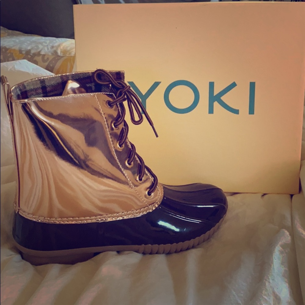 Rose gold duck boots